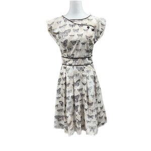 Retrolicious Moth Collection Pleated Pinup Rockabilly Mini Dress Sz M Cream